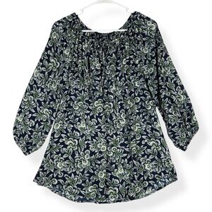 Chaps Top Womens M Medium Navy Blue Green White Floral 3/4 Sleeves Keyhole Neck